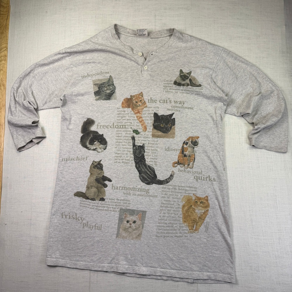 VTG Painted Lady Cat SLEEP TEE Shirt Graphic Henley Gray Women Long Sleeve USA